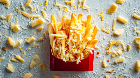 Vibrant red bowl filled with freshly shredded cheese, surrounded by fragmented cheese bits on a rustic textured backdrop, evoking homely comfort and culinary warmth.の写真素材