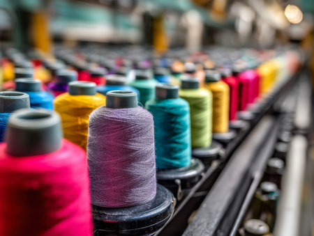 An eye-catching display of vividly hued sewing threads systematically organized on a workshop rack,...