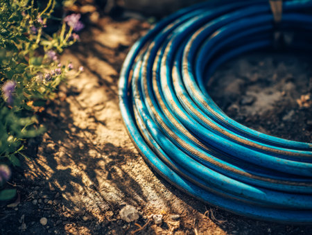 A vibrant blue hose rests in a loose coil on earthy soil, nestled next to blooming flowers, evoking a peaceful garden scene ready for watering.の写真素材