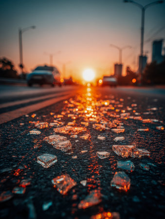 Fragments of broken glass catch the warm glow of dusk, casting shimmering reflections on a lively city thoroughfare as vehicles streak past against a vivid sunset backdroの写真素材