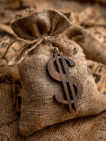 A rustic burlap pouch adorned with a carved wooden dollar symbol, evoking themes of prosperity, investment potential, and steady economic progress.の写真素材