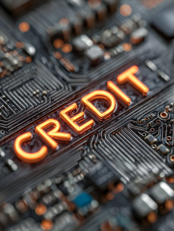 A vibrant neon-lit "credit" sign glows against a sleek, intricate electronic circuit board, blending digital innovation with futuristic street-style visual appeal.の写真素材