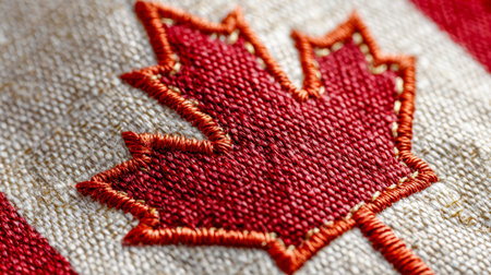 A detailed shot highlighting a vibrant red maple leaf embroidery against textured textile,...