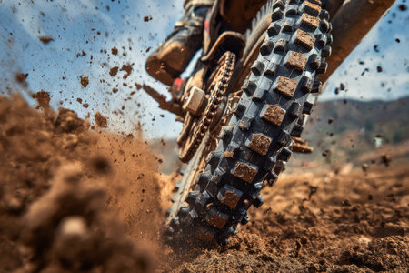A detailed view captures a knobby tire tearing into uneven, rocky ground, embodying the adrenaline...