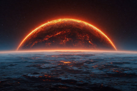 A luminous, molten sphere radiates intense heat as it rises beyond a shadowed planet's horizon, set...
