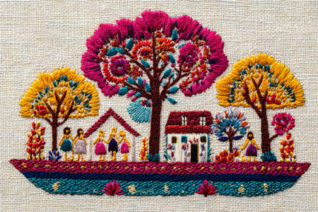 A colorful embroidered scene depicts a charming hillside village with lush trees, quaint homes, and...