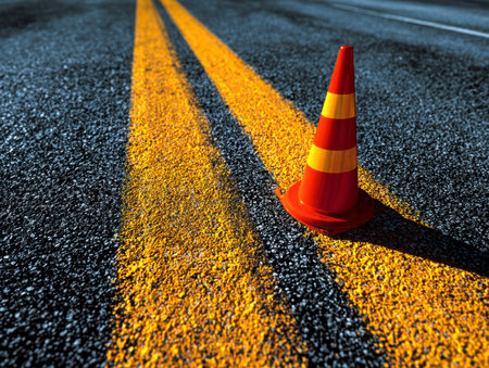 A solitary orange traffic cone rests on shiny, rain-dampened pavement, with bright yellow lane markings and extending shadows creating a vivid contrast.の写真素材