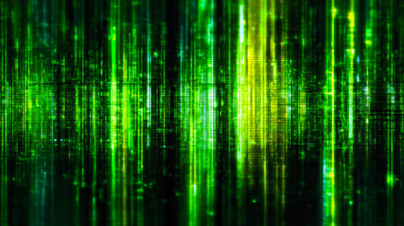 Dynamic electronic grid featuring luminous green and yellow streaks intertwining against a shadowy...