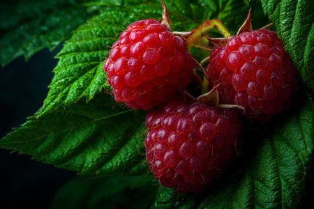 Juicy clusters of vibrant red berries clinging to lush green foliage, capturing nature's ripe sweetness in a vivid, fresh composition perfect for health and food themes.の写真素材