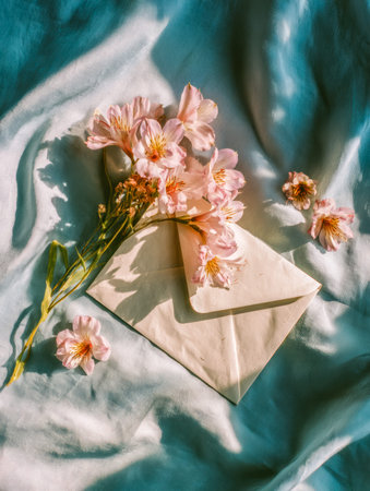 A delicate arrangement of blush-pink flowers atop an antique letter, nestled within plush fabric...