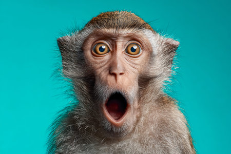 A startled primate with expressive, wide eyes and an open mouth, set against a vibrant azure...