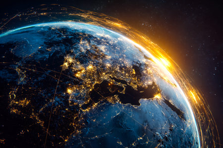 A luminous view of the planet after dark, showcasing vibrant city glows intertwined with glowing...