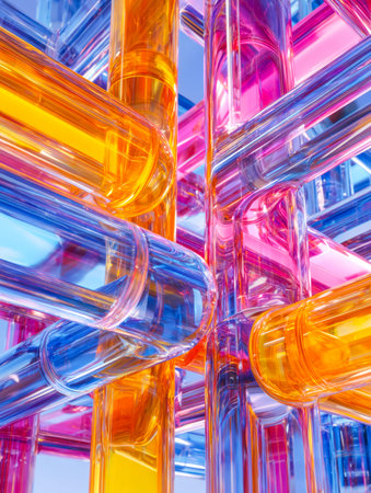 A dazzling array of luminous glass cylinders forms a dynamic, kaleidoscopic display, evoking a sense...