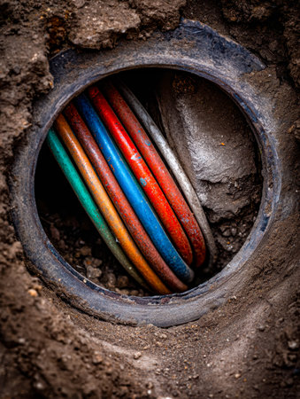 Vibrant array of wires woven through a protective underground tube, showing the intricate network...