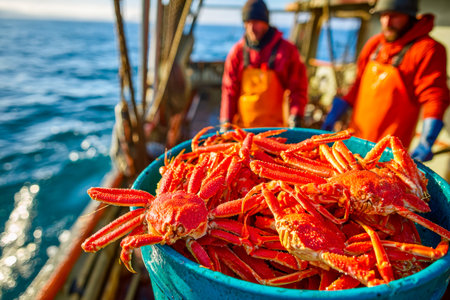 Fishermen on gather a busy deck, showcasing a bounty of freshly harvested crabs, with the ocean and their catch lining the bustling background.の写真素材