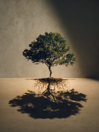 A lone tree's bold silhouette stretches across a sleek, bare wall, creating stark contrast and...