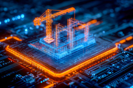 A high-tech mapping merging architectural plans with electronic circuitry, illustrating futuristic...