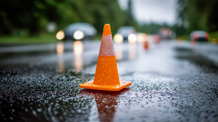 A slick, rain-soaked street features a solitary orange cone, while streaks of moving vehicles blur...