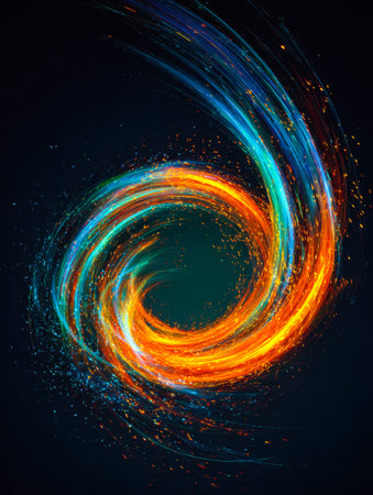 Vibrant ribbons of luminous color twist and spiral across a midnight backdrop, creating an energetic...