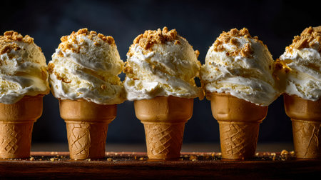 Creamy vanilla cones topped with crunchy crumble rest on rustic wood, evoking cozy summer treats...