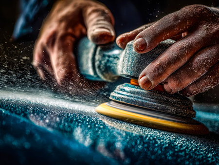 An expert craftsman applies a power buffer to achieve a flawless, mirror-like surface, emphasizing...