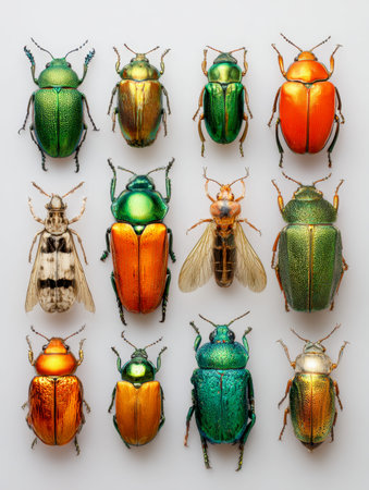 An array of vividly hued beetles with intricate markings and shimmering metallic exteriors,...