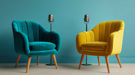 Vibrant armchairs face each other in a cozy corner, complemented by retro mics and a turquoise...