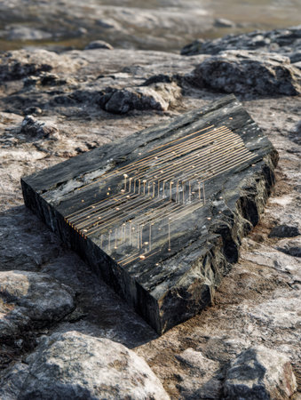 An abstract arrangement of sleek, angular shapes contrasts sharply with the rough, textured terrain, creating a striking fusion of contemporary design and wild nature.のeditorial素材