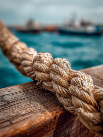 A textured, tightly woven rope clings to aged wooden planks, with the serene turquoise sea and faint...