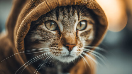 A calm tabby kitten in a plush brown hood looks pensively into the distance, bathed in gentle...