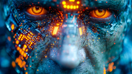 A sleek, humanoid robot with luminous amber eyes and intricate circuit patterns illuminating its...