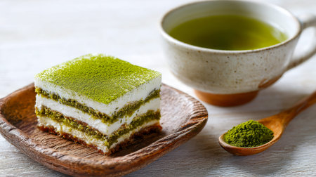 A delicate exhibit of pastel green layers crowned with powdered matcha, paired with a steaming cup...