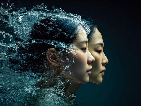 Vibrant water splashes intertwine around two women, merging reality and fantasy to craft a dreamlike, immersive portrait filled with energy and fluid movement.の写真素材