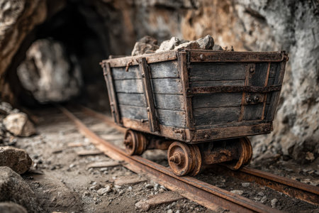 An aged wooden cart rests silently along rusted rails amid rugged cave walls, evoking a forgotten...