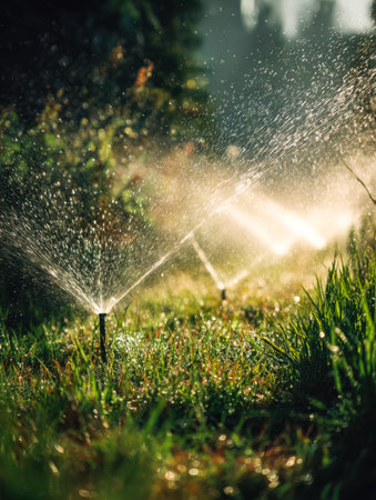 A sleek sprinkler system sprays gentle arcs of water over vibrant, ripe grass beneath a bright sun,...