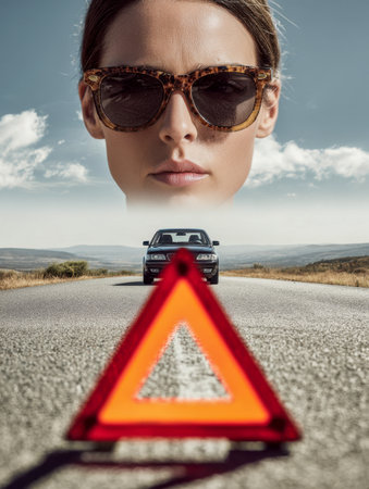 A worried woman?s face reflects anxiety as a vehicle looms behind, with a warning sign foregrounding the urgency of an unexpected roadside incident.のeditorial素材
