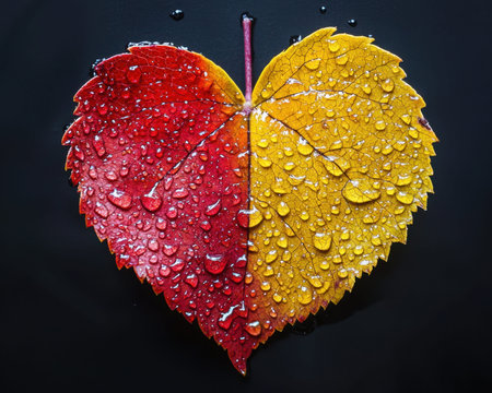 A vivid, glossy leaf shaped like a heart, showing striking red and yellow hues with glistening water...