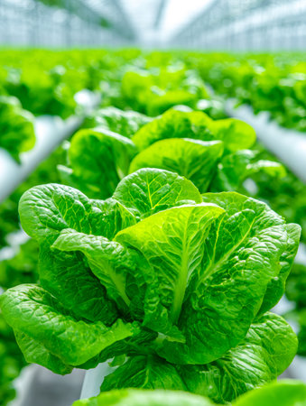 Vibrant leafy heads thrive under controlled environment, showing sustainable cultivation techniques...