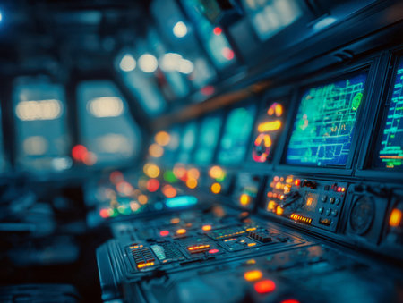 A sleek, high-tech station glowing with vibrant interface lights, featuring multiple digital...