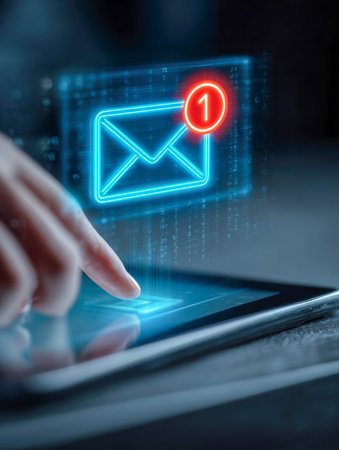 A hand gently taps a sleek tablet showing a luminous email alert amid a high-tech blue and crimson...