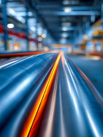 A sleek metallic conduit featuring a vibrant orange glow along its core, against a blurred...
