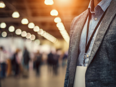 A confident professional with a name badge pauses amidst a lively conference, illuminated by soft warm lights with a vibrant crowd softly fading into the background.の写真素材