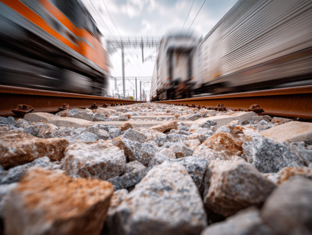 A detailed shot of coarse ballast stones beneath speeding trains on parallel lines, captured from a...