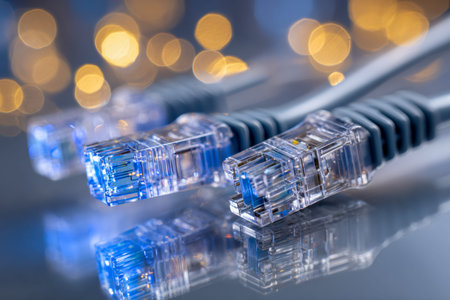 Sleek cables with clear plugs mirror on a polished surface, illuminated by soft, amber-hued bokeh...