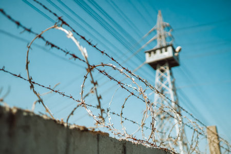 Sharp metal coils stretch across the frame, while towering structures loom against a pristine azure sky, symbolizing boundaries and energy infrastructure.の写真素材