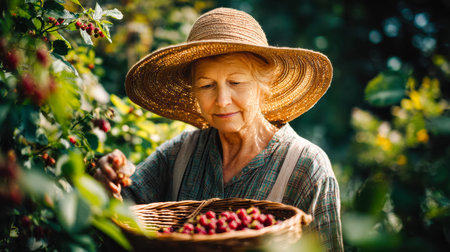 A kindly senior woman gathers ripe berries in a bright garden, amid lush greenery and warm sunlight,...