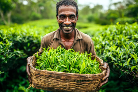 A jubilant farmer displays a basket brimming with vibrant tea leaves amid verdant, sprawling plantations, radiating pride and connection to nature.のeditorial素材