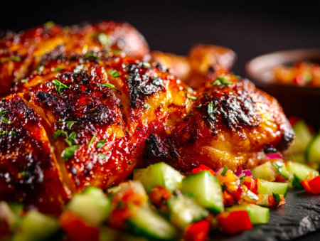 Juicy, caramelized chicken thighs with a shiny glaze rest beside vibrant vegetable slices, creating...