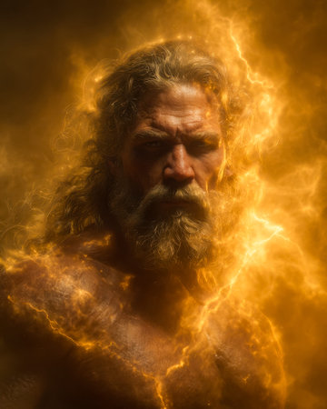 A fierce mythical guardian stands amidst crackling fiery lightning and luminous clouds, showcasing...