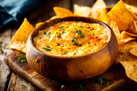 Creamy, authentic cheese sauce served with crispy tortilla chips, arranged on rustic wood for a...